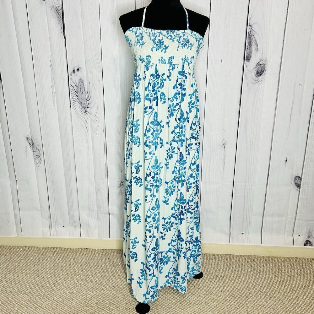 GO FISH Blue Floral Batik Smocked Maxi Halter Sundress Rayon Indonesia Sz M